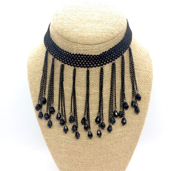 Natasha Jewelry - NATASHA BLACK MESH CHOKER CHAIN GLASS BEAD DANGLES BIB NECKLACE